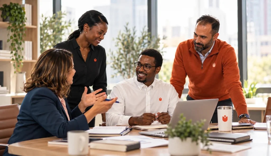 Diverse team of four professionals collaborating around a conference table in a bright modern office, discussing ideas with laptops, documents, and notebooks.